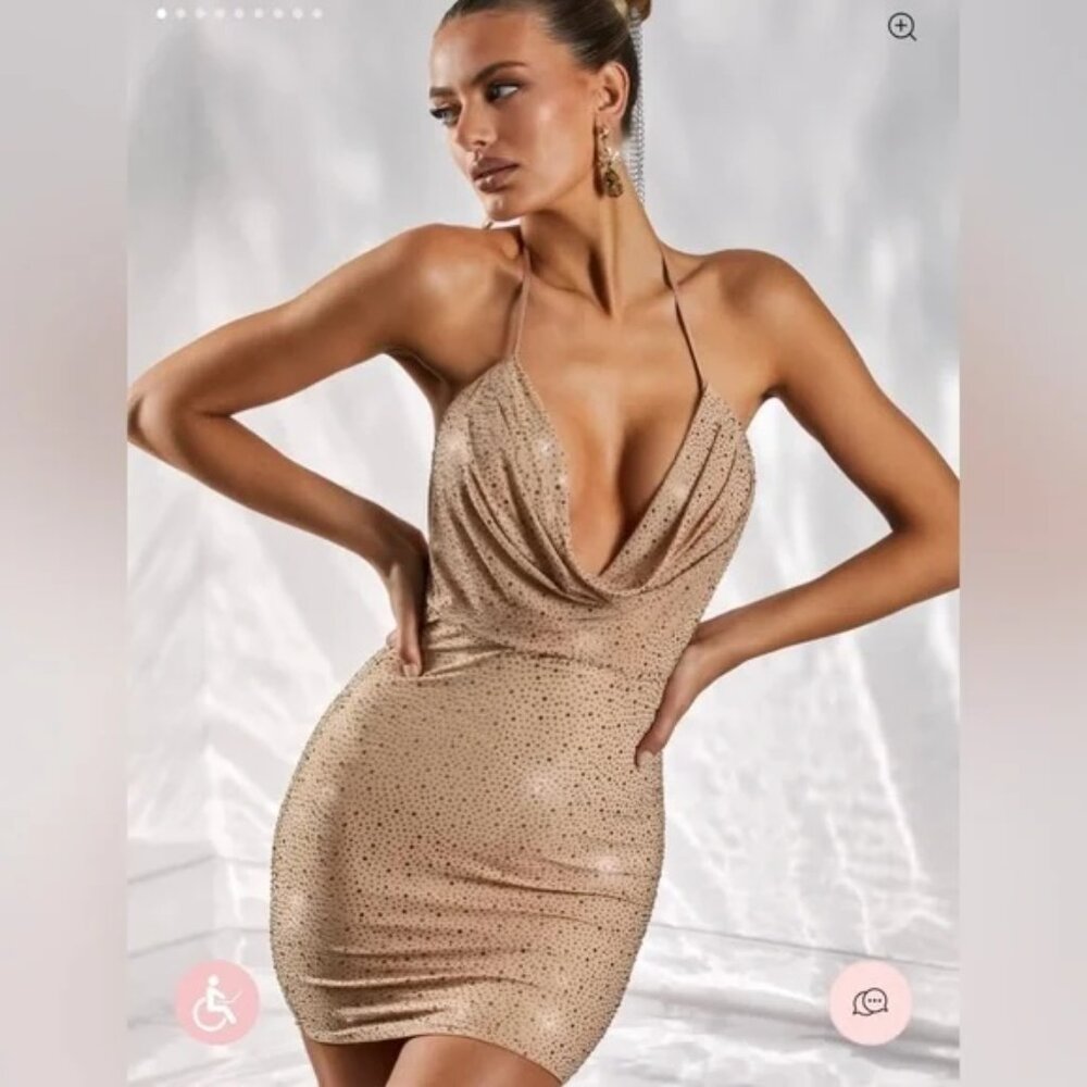 OhPolly - Gold Rhinestone Halter Mini Dress